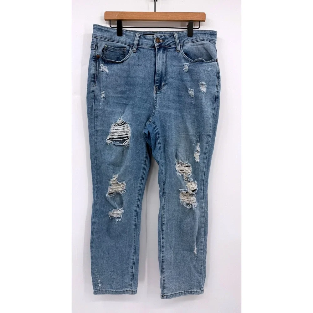 Judy Blue Jeans Womens 14W Blue Distressed Boyfriend Fit Stretch Denim Pants